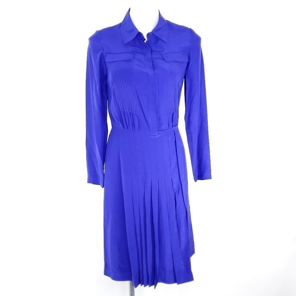 J. Peterman Long Sleeved Button Front Silk Dress Electric Blue sz 2 NEW